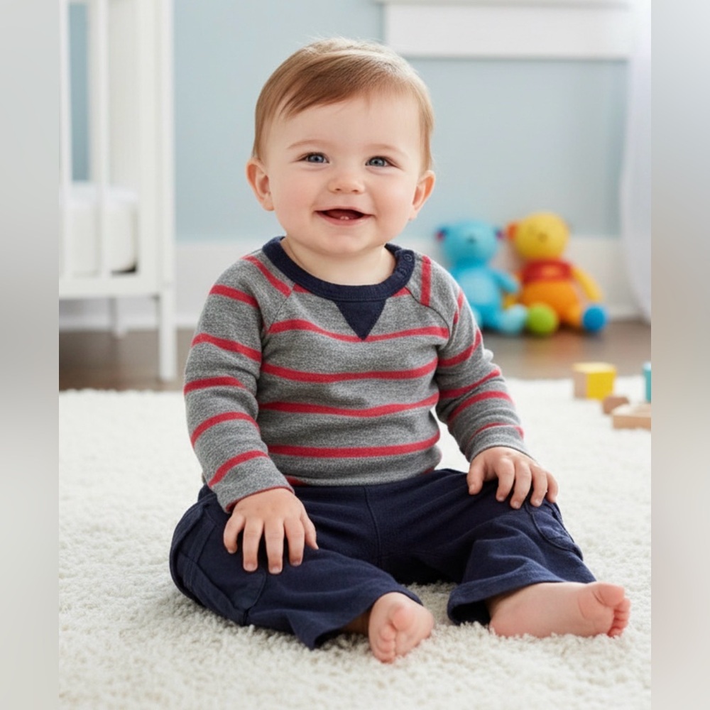 👶 Splendid 2-Piece Baby Outfit – Striped Top & Navy Pants, Size 3–6 Months 💙🤍